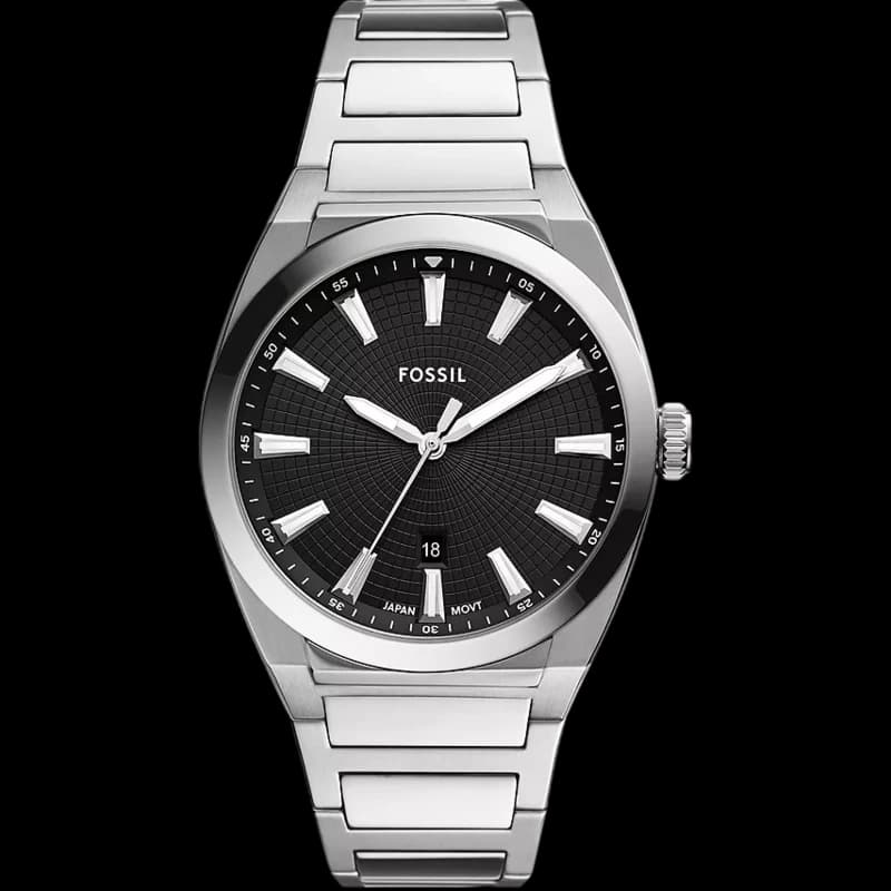 Fossil Everett Three-Hand Date (Black/Steel)