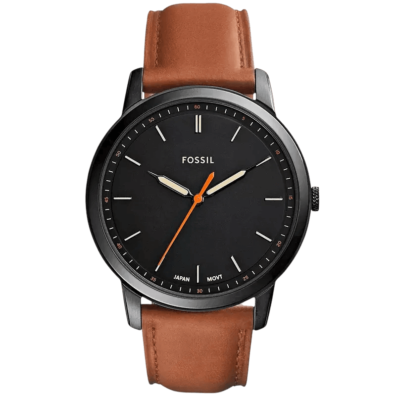 Fossil Minimalist Slim Three-Hand Light Brown Leather Watch (Black)